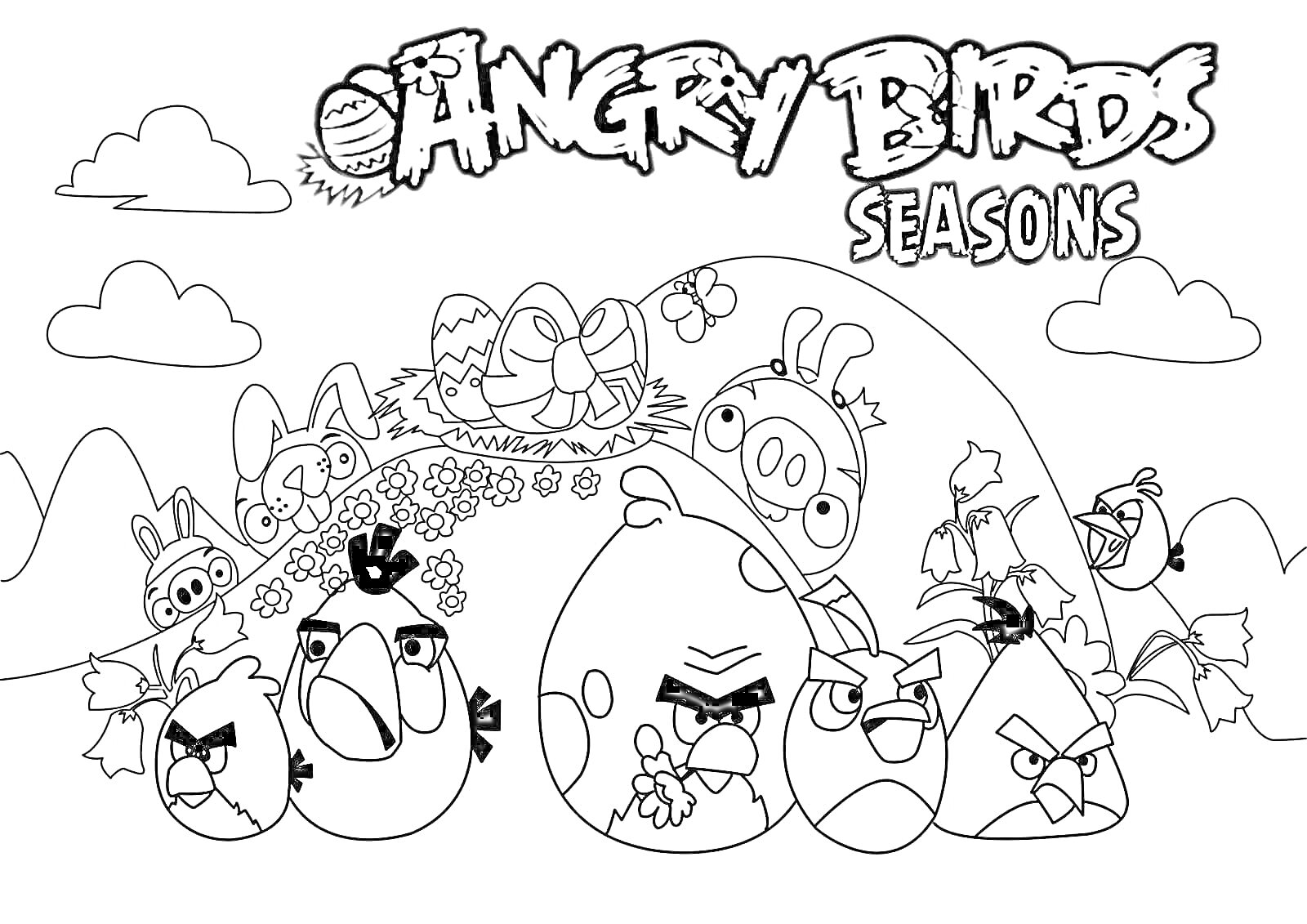 Раскраска Angry Birds Seasons - сердитые птицы, зеленые свиньи, тележка с пасхальными яйцами, холмы, облака