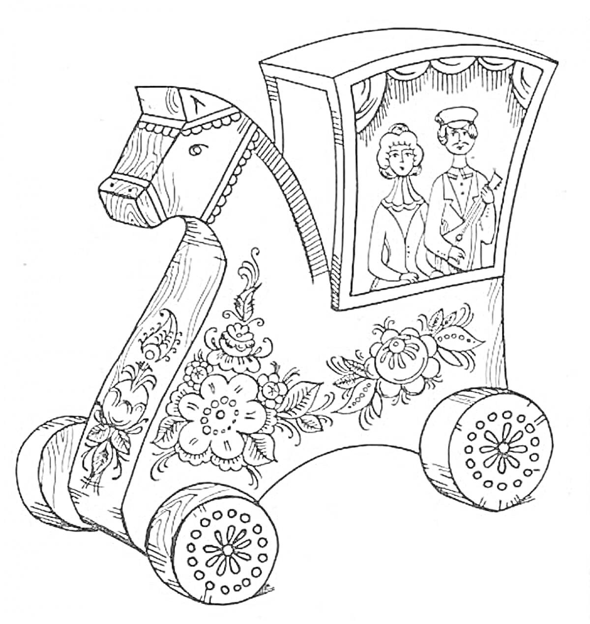 Раскраска Лошадка-каталка с двумя людьми в кабинке и цветочным узором