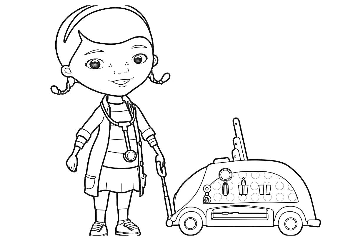 Раскраска Девочка с косичками и у нее есть тележка с медицинскими инструментами