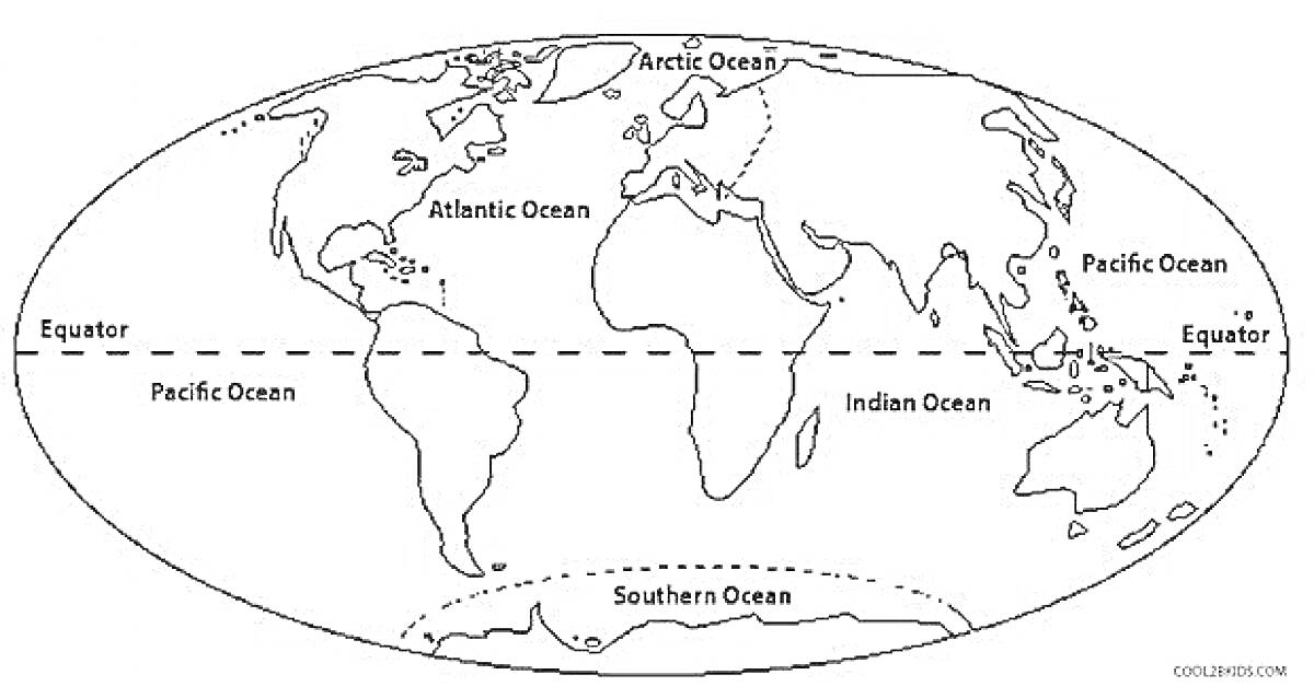 Карта мира с материками и океанами, включая экватор