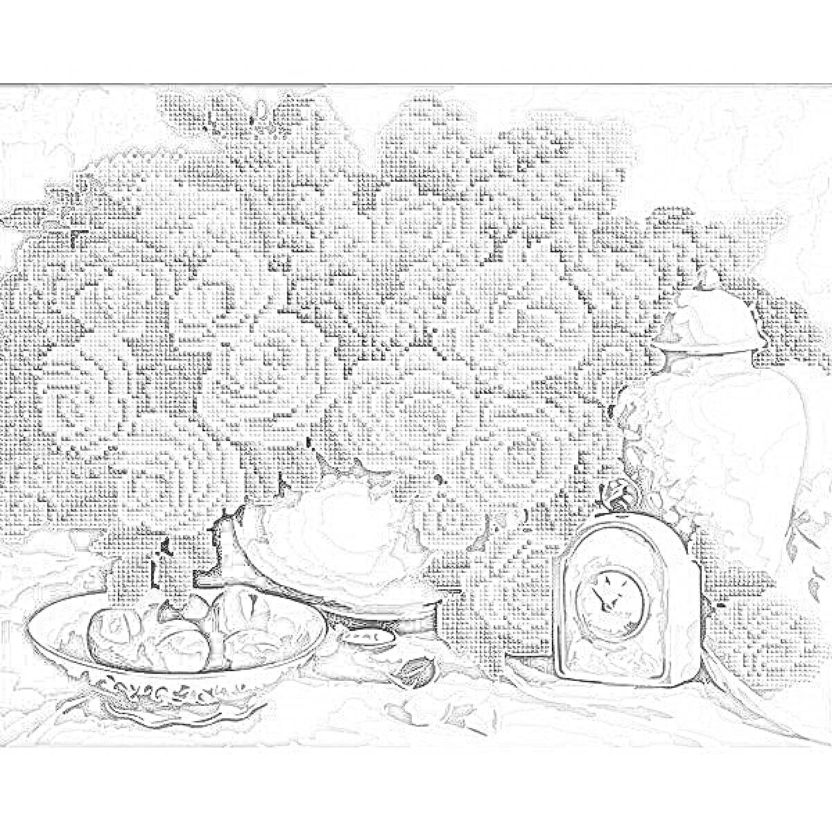 Раскраска Натюрморт с цветами, вазой, часами и тарелкой фруктов