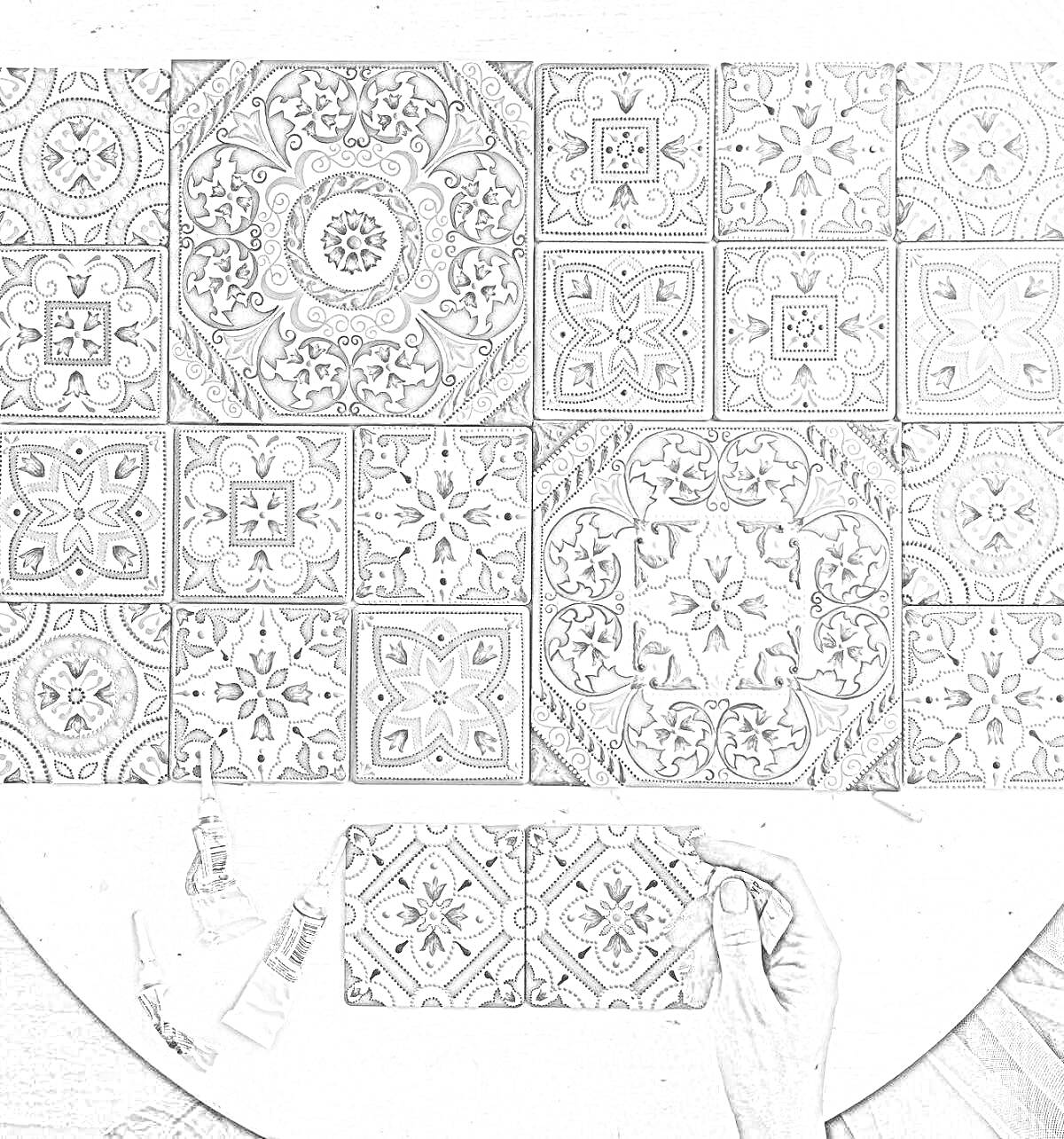 декоративные керамические плитки с цветочными и геометрическими узорами, палитра красок, рука человека