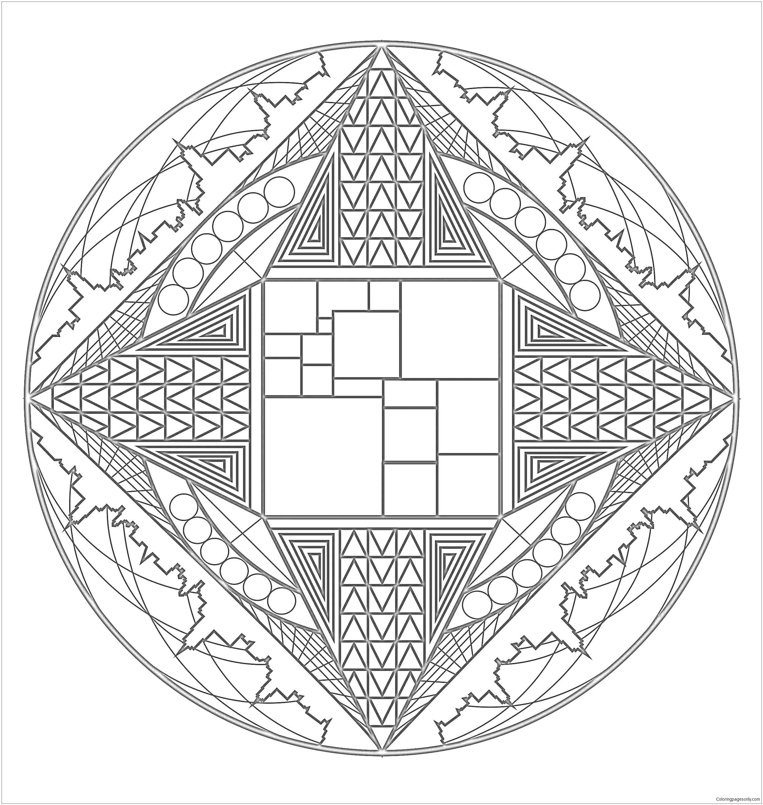 Раскраска Мандала с квадратами, кругами, прямоугольниками, треугольниками и зигзагами