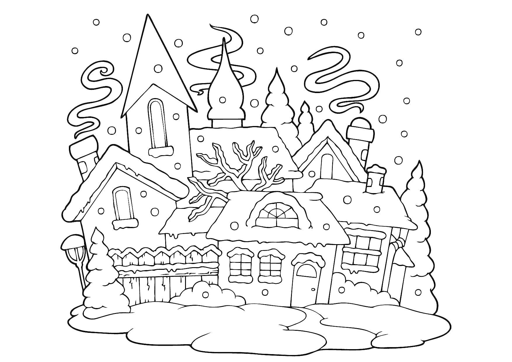 Раскраска Зимний домик с трубой, деревьями, снегом и снежинками