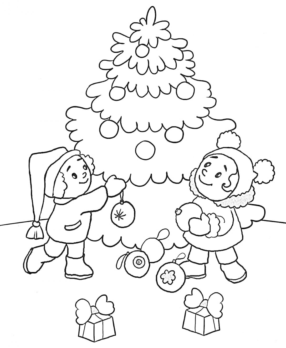 Раскраска Дети наряжают рождественскую елку с игрушками, подарками и мишурой