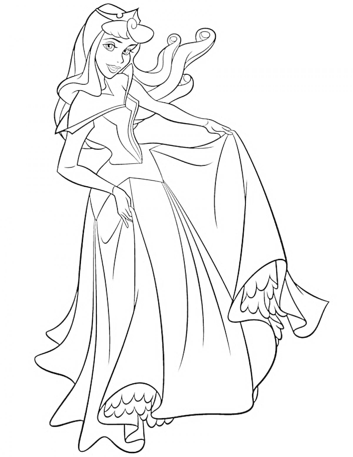 Раскраска Принцесса в длинном платье с короной и развевающимися волосами