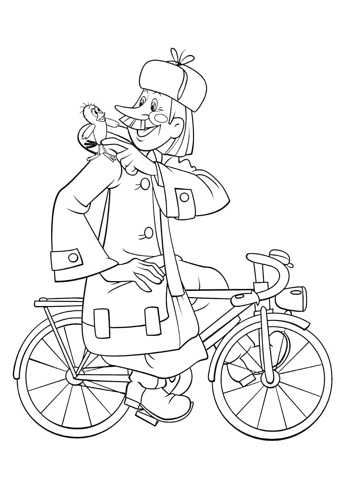 Раскраска Человек в пальто с птичкой на плече, стоящий возле велосипеда