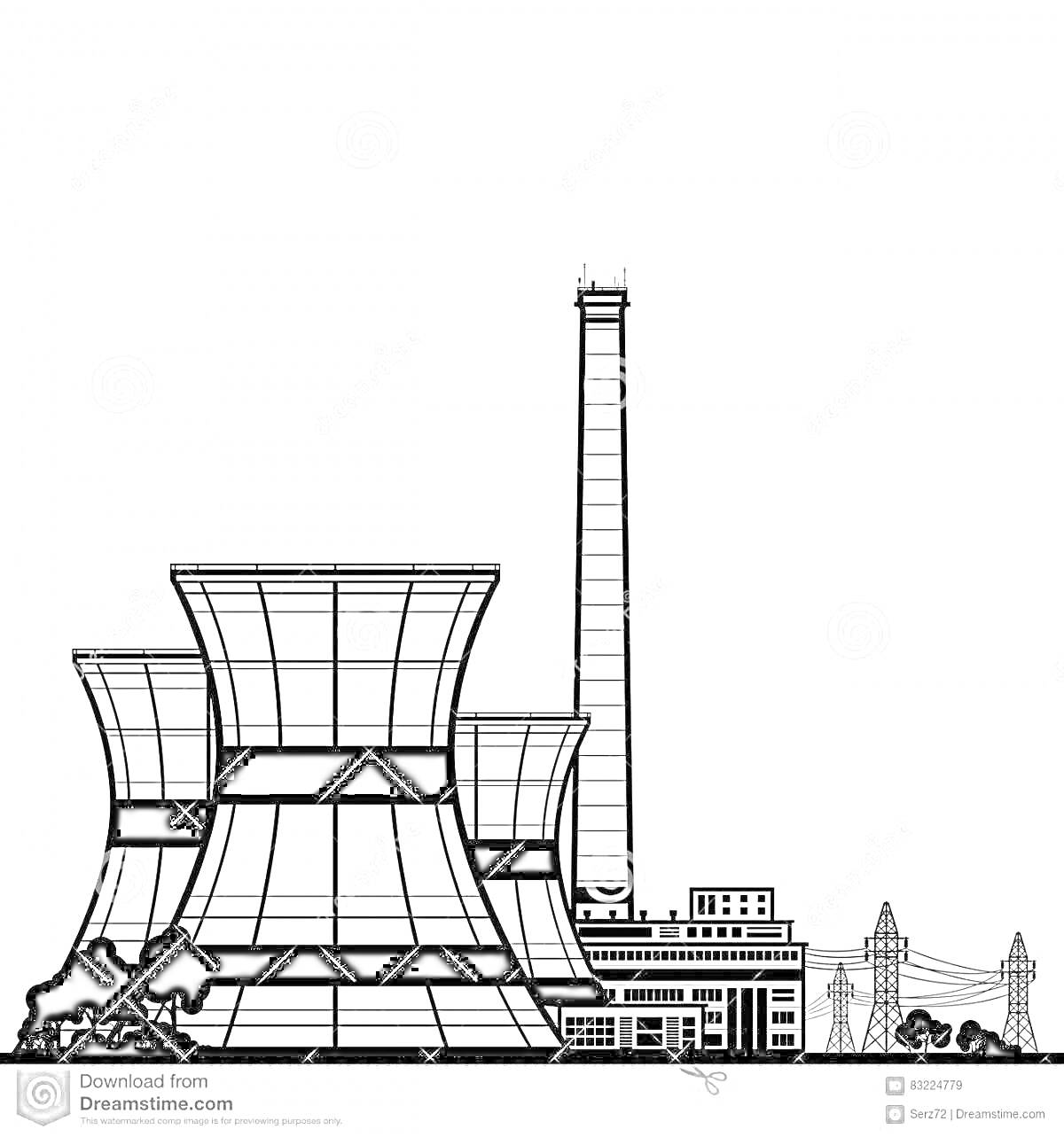 Раскраска АЭС с градирнями, дымовой трубой, зданием и линиями электропередачи