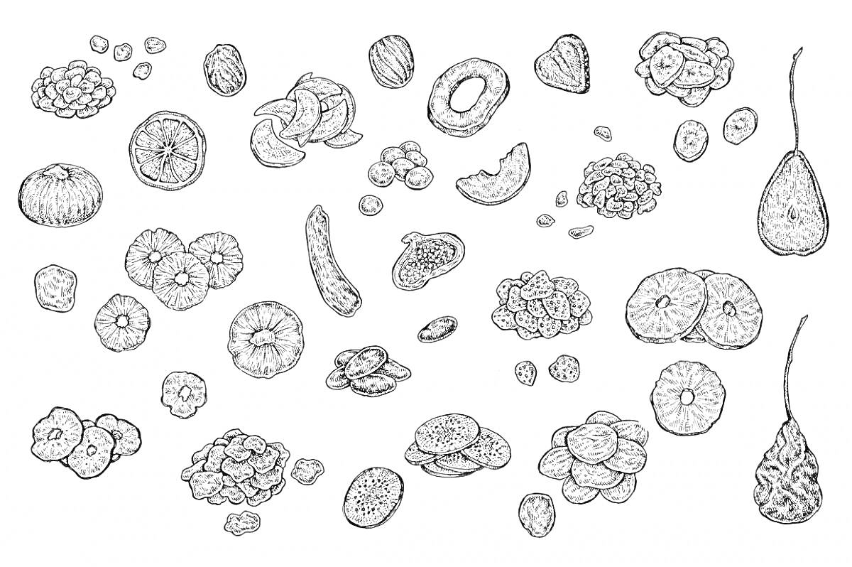 Раскраска коллекция сухофруктов (яблочные кольца, апельсиновые дольки, грушевые кольца, курага, изюм, инжир, кумкват, ананасовые дольки, кокосовые дольки)