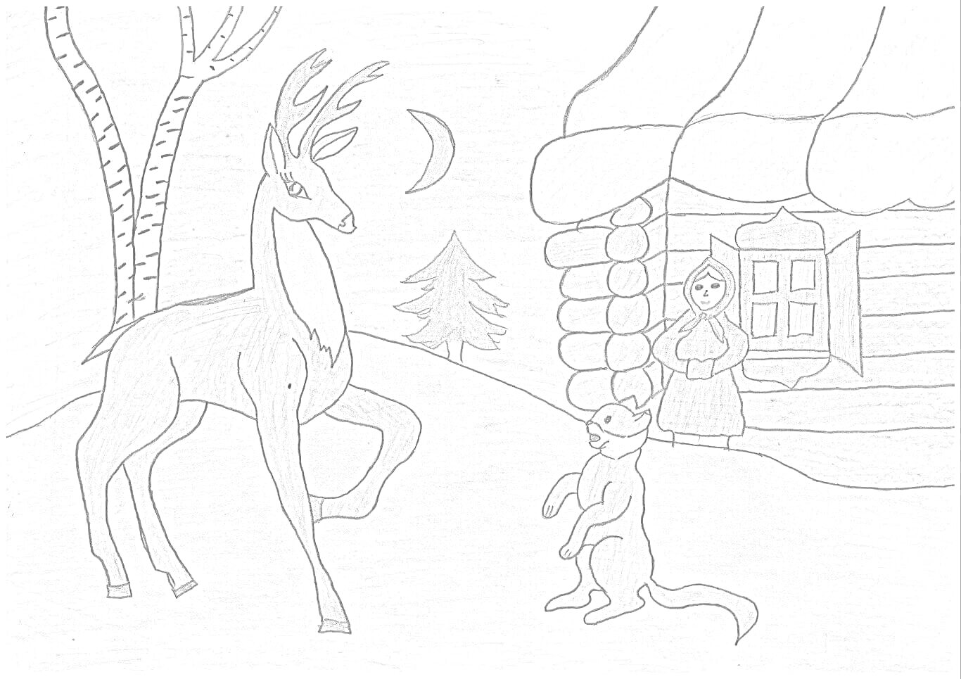 Раскраска Олень, кошка, девушка в зимней одежде, деревянный дом, дерево, луна, ёлка, снег