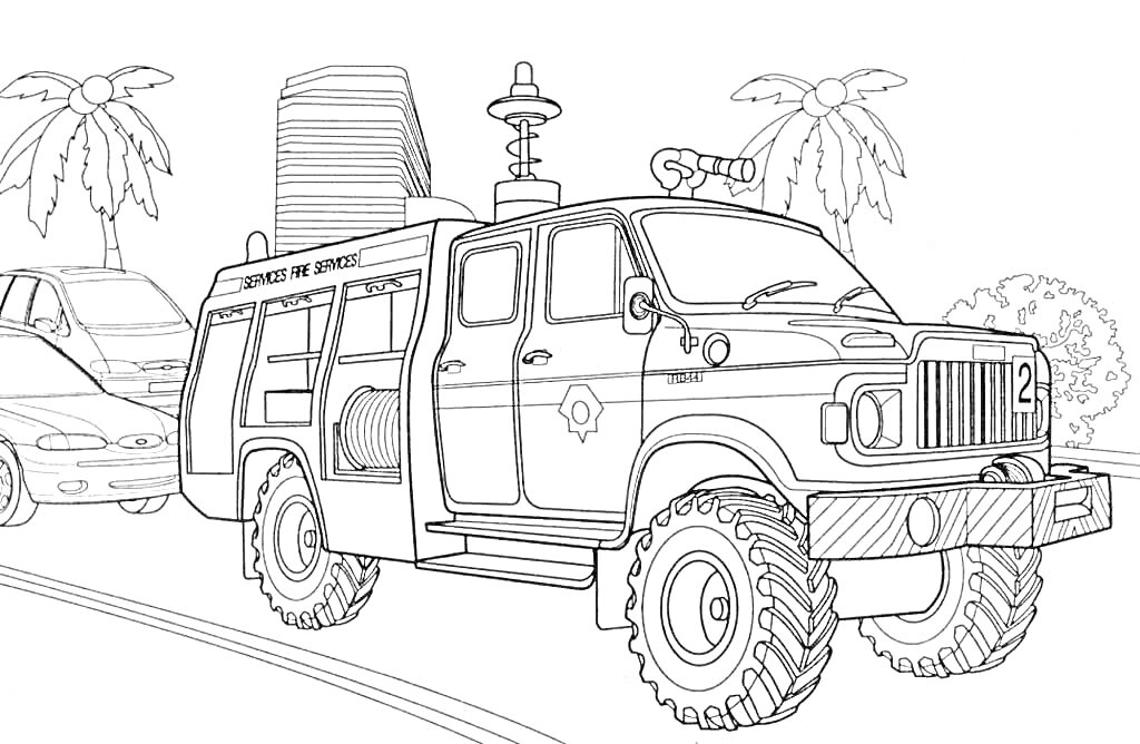 Раскраска Хаммер-сборщик с оборудованием на фоне пальм и других автомобилей