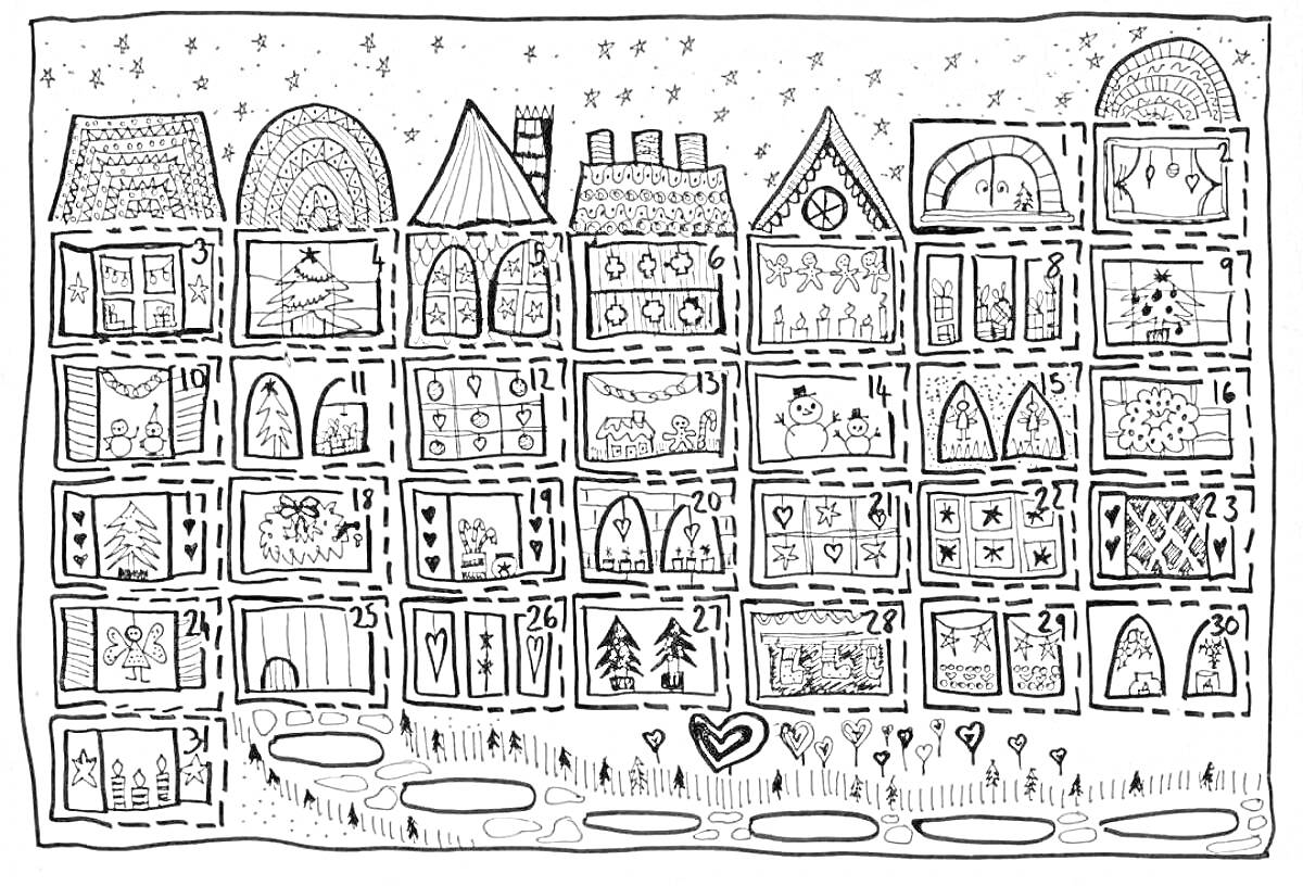 Раскраска Адвент календарь с домиками, окном со снеговиком, елкой, подарками и зимними элементами