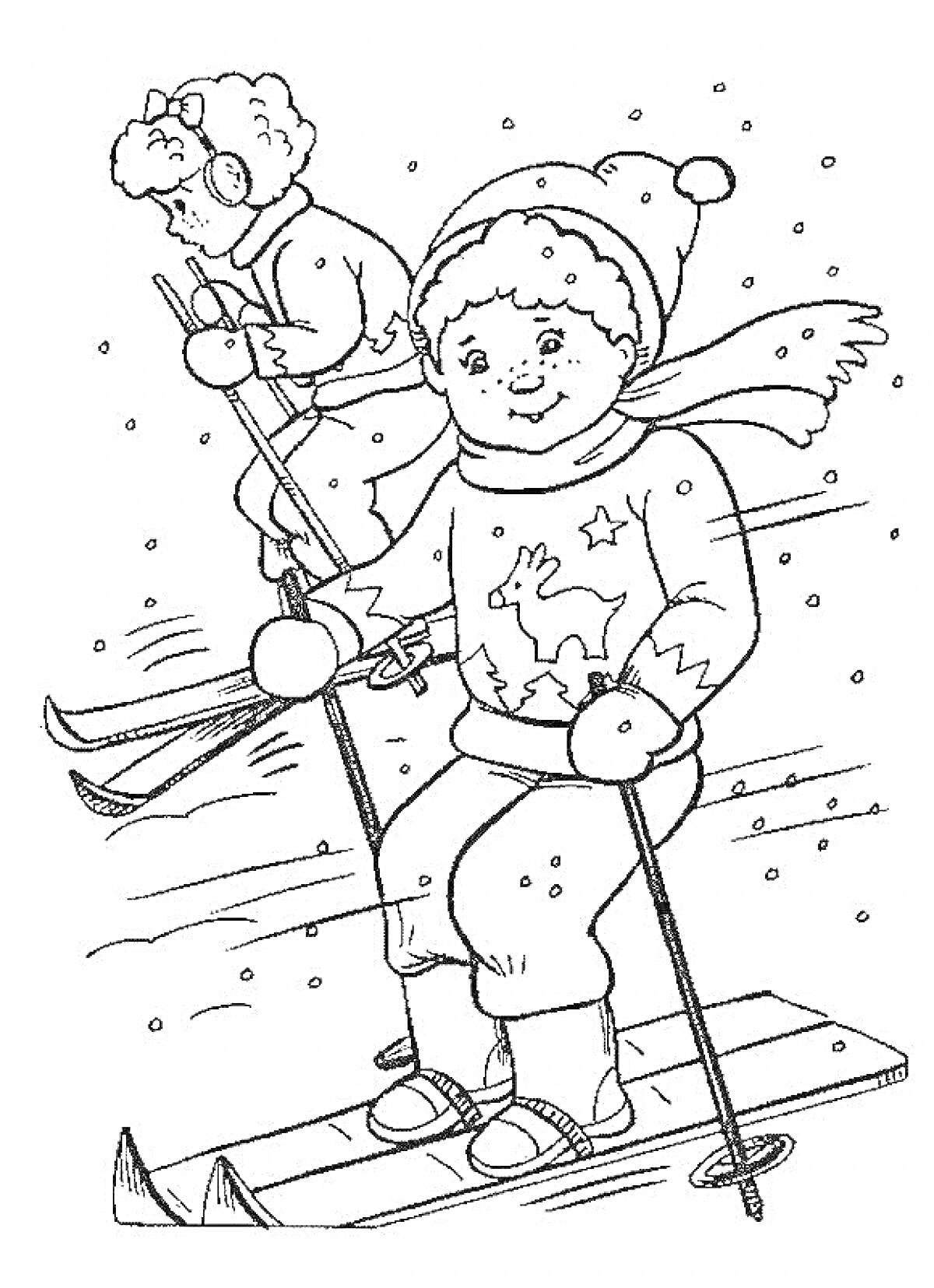Раскраска Мальчики на лыжах среди снегопада - один в шапке и шарфе с оленем на свитере, второй в шапке и мохнатых наушниках