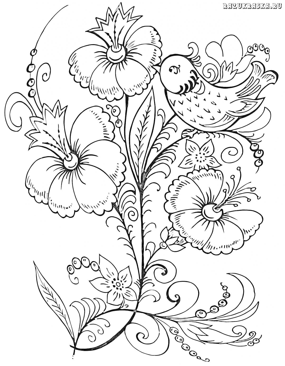 Раскраска Хохломская роспись с птицей и цветами