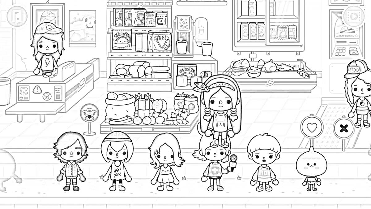 Раскраска Крампеты в магазине. Включает персонажей, кассовый аппарат, полки с продуктами, кассира, витрину, овощи, выпечку.