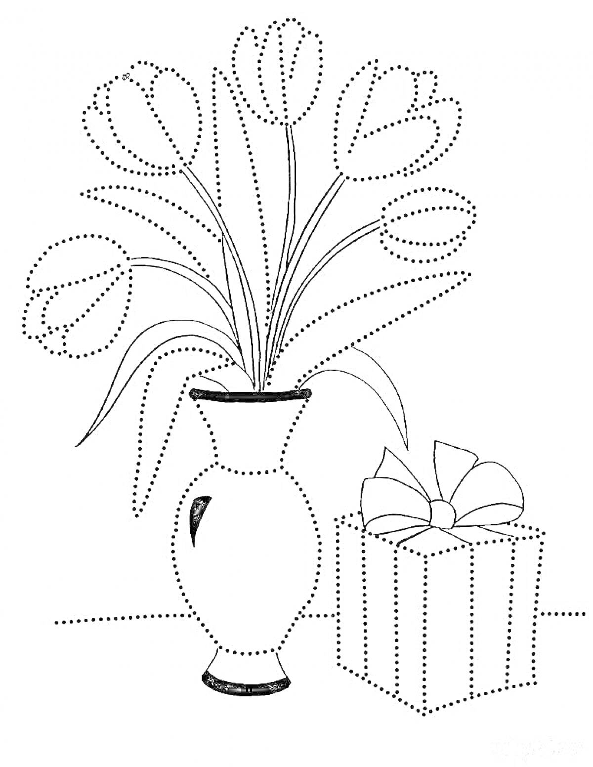 На раскраске изображено: Ваза, Цветы, Пунктирные линии, Цветы в вазе