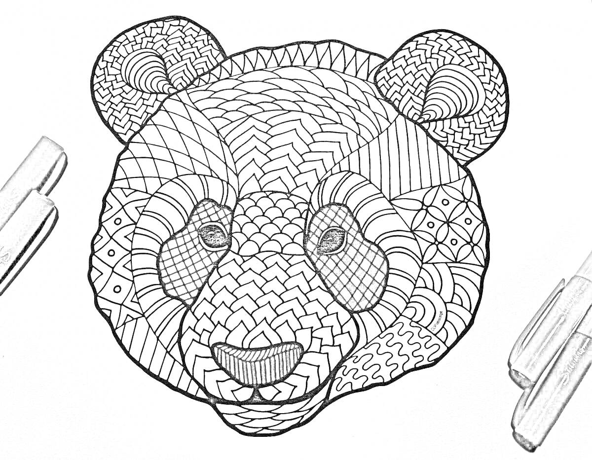 Раскраска Раскраска антистресс с узором панда, рисунок головы панды с волнистыми линиями и зигзагами, окруженный маркерами
