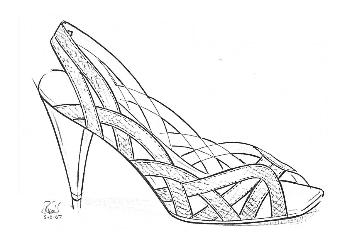 На раскраске изображено: Сандалии, Высокие каблуки, Обувь, Женская мода, Обувь на каблуке