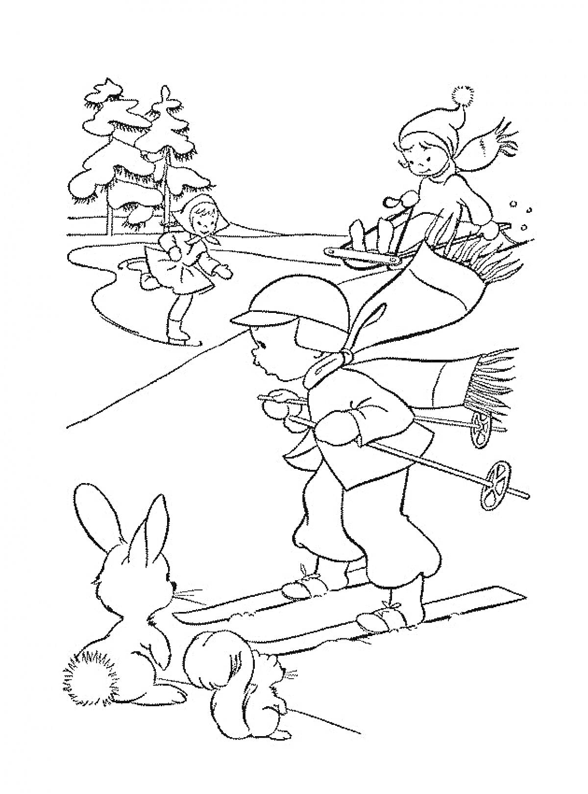 Раскраска Лыжник с палками, мальчик на коньках, девочка на санках, деревья, два кролика