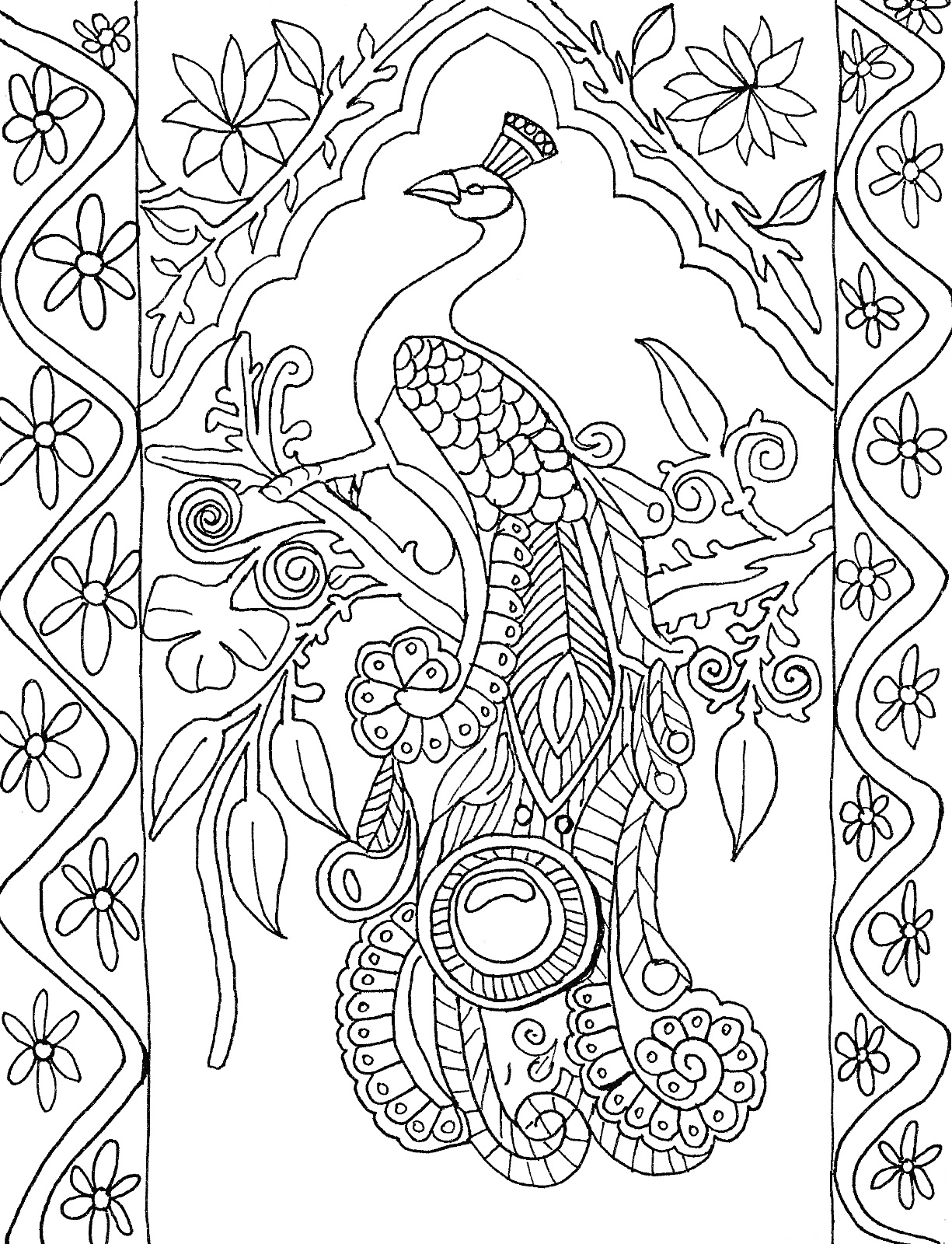Раскраска Павлин на ветке с цветами и декоративными узорами