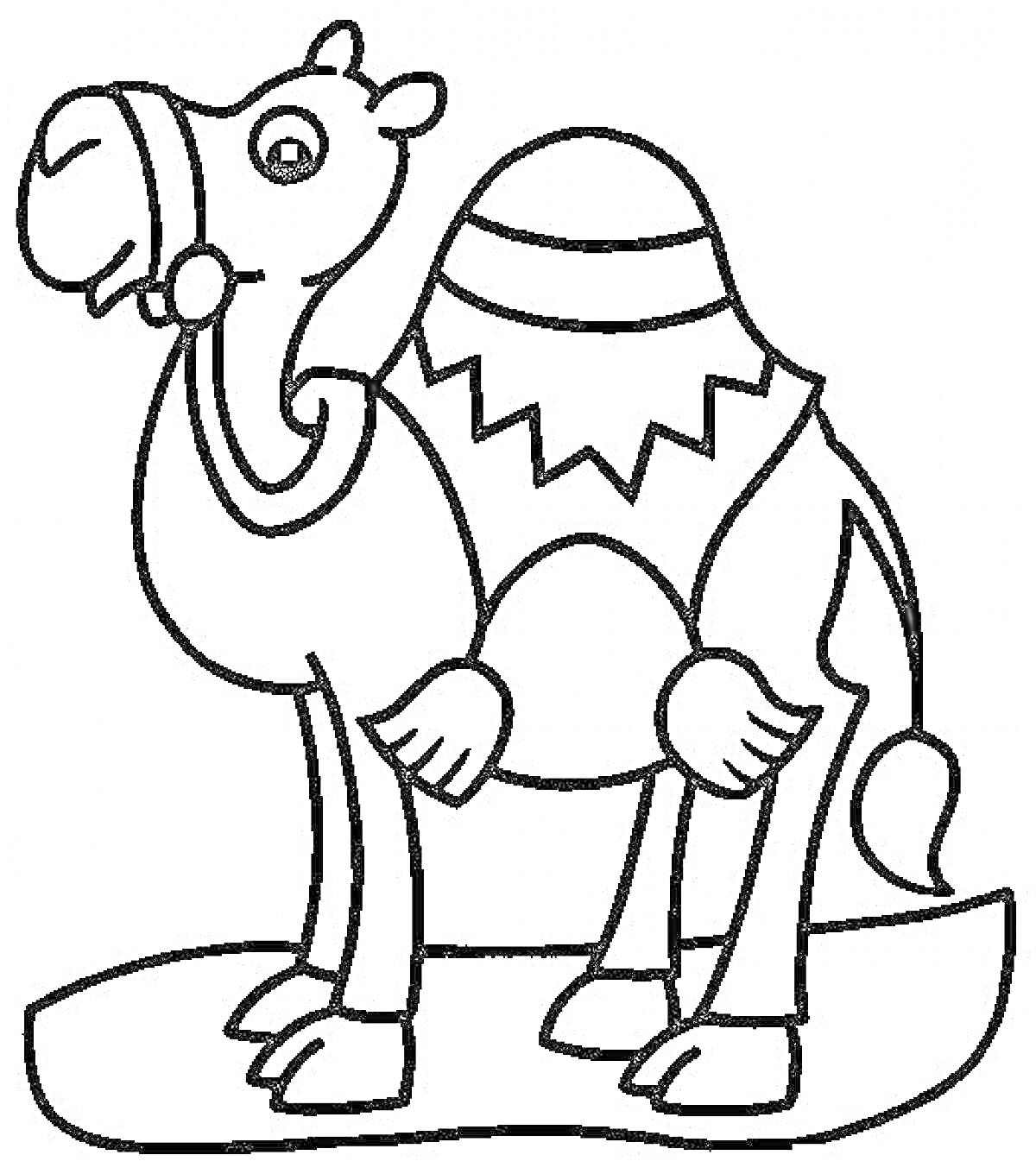Раскраска Верблюд с седлом на песке