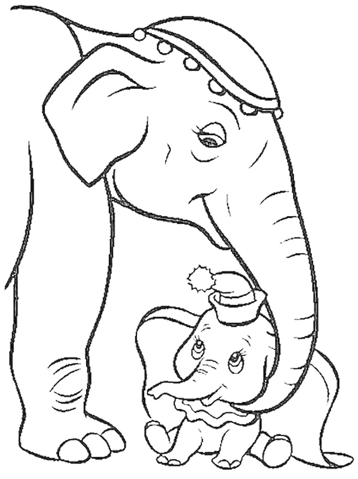 Раскраска большой слон в шляпе и его слоненок в шляпе