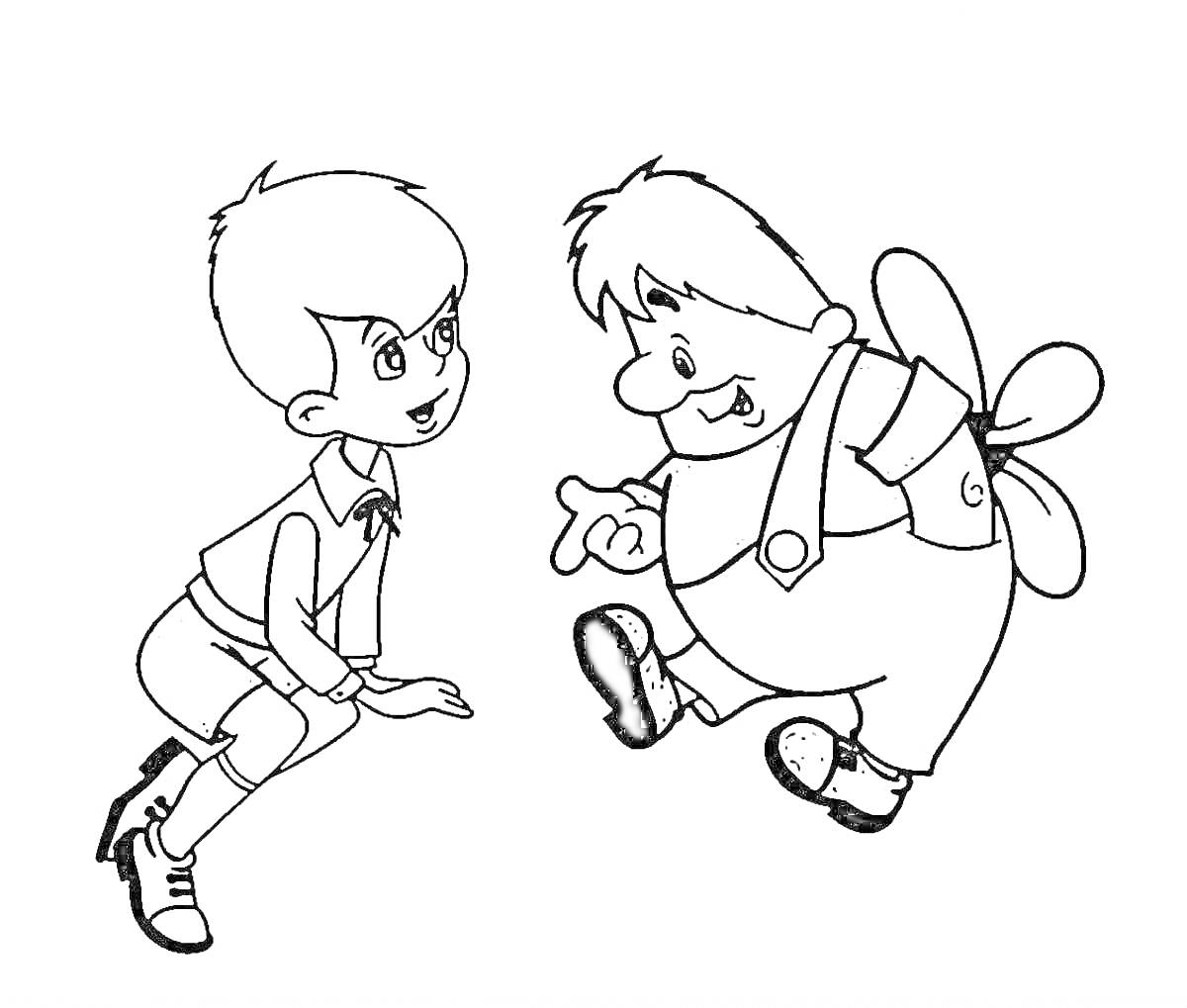 Раскраска Мальчик разговаривает с летающим персонажем с пропеллером на спине