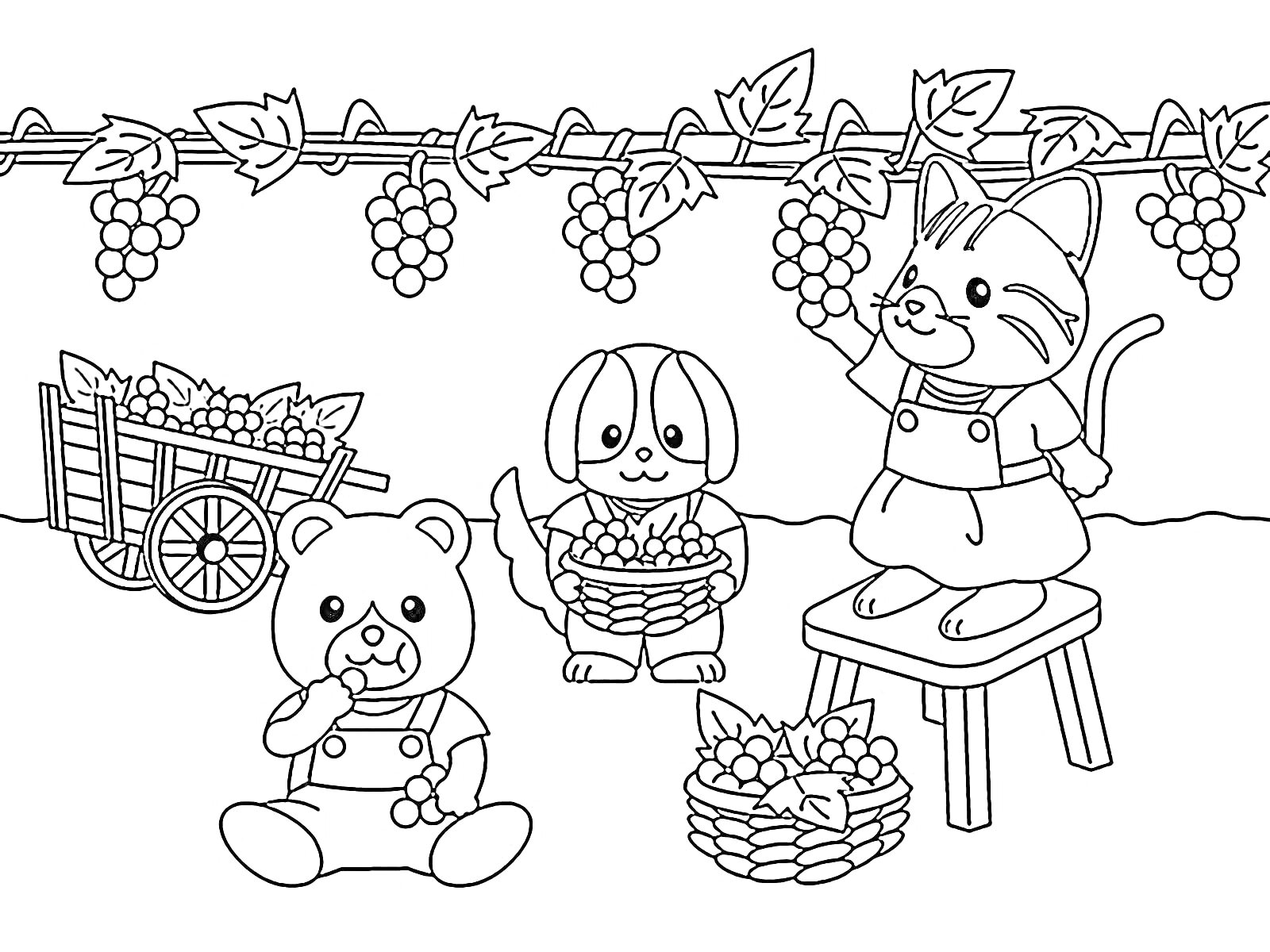Раскраска Силваниан Фэмилиес собирают виноград: мишка ест виноград, собачка держит корзину с виноградом, кошка на скамейке с виноградом, тележка с виноградом
