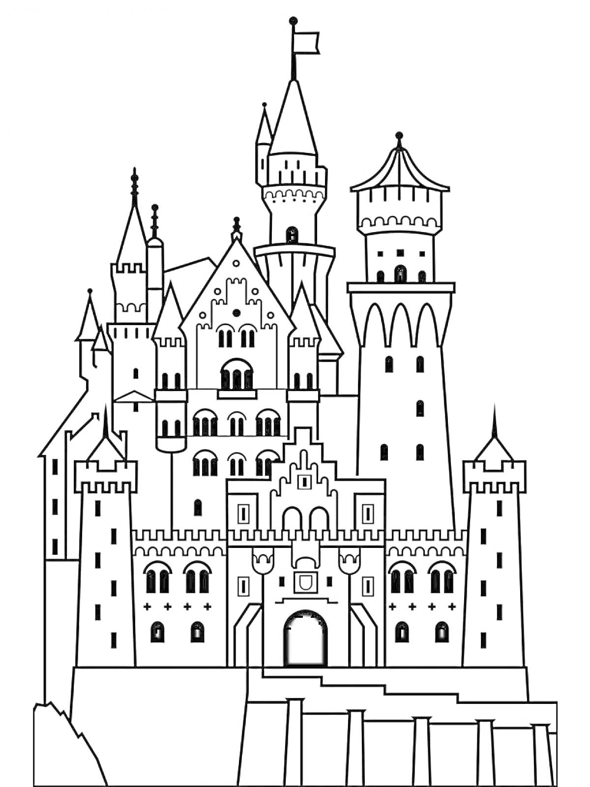 Раскраска Замок с башнями, флагом и воротами