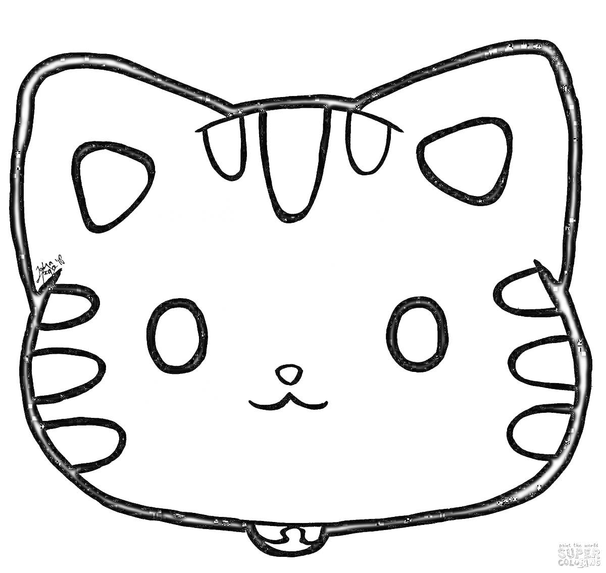Раскраска Мордашка кота с полосками, ушами и усами