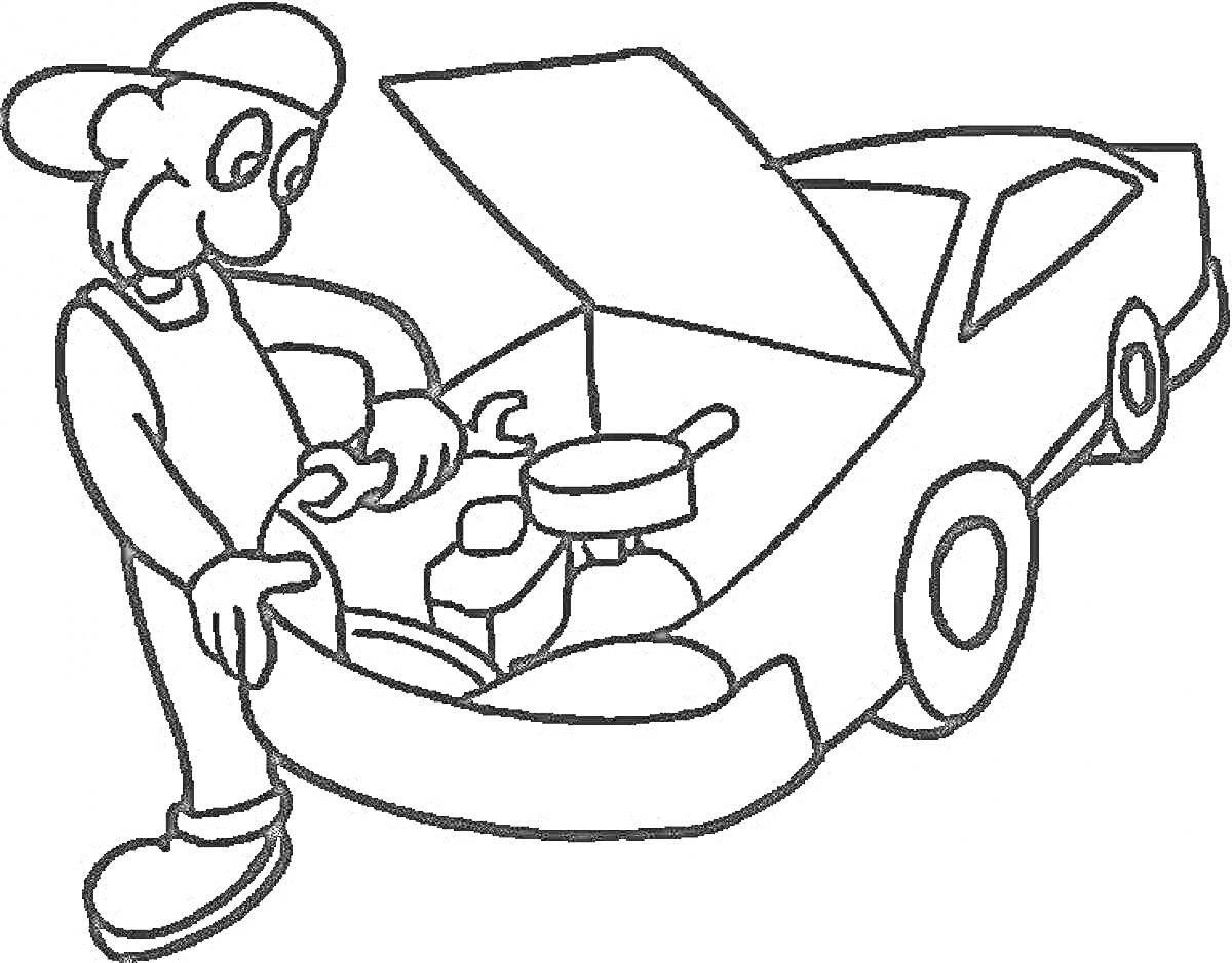 На раскраске изображено: Механик, Инструмент, Ремонт, Детский сад, Работа, Мастерская