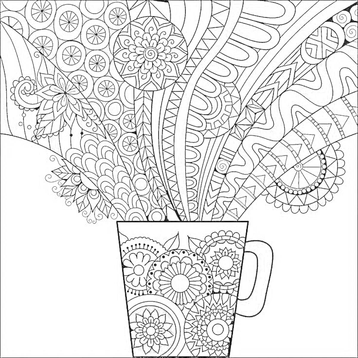 Раскраска кружка с цветочным узором и абстрактными элементами
