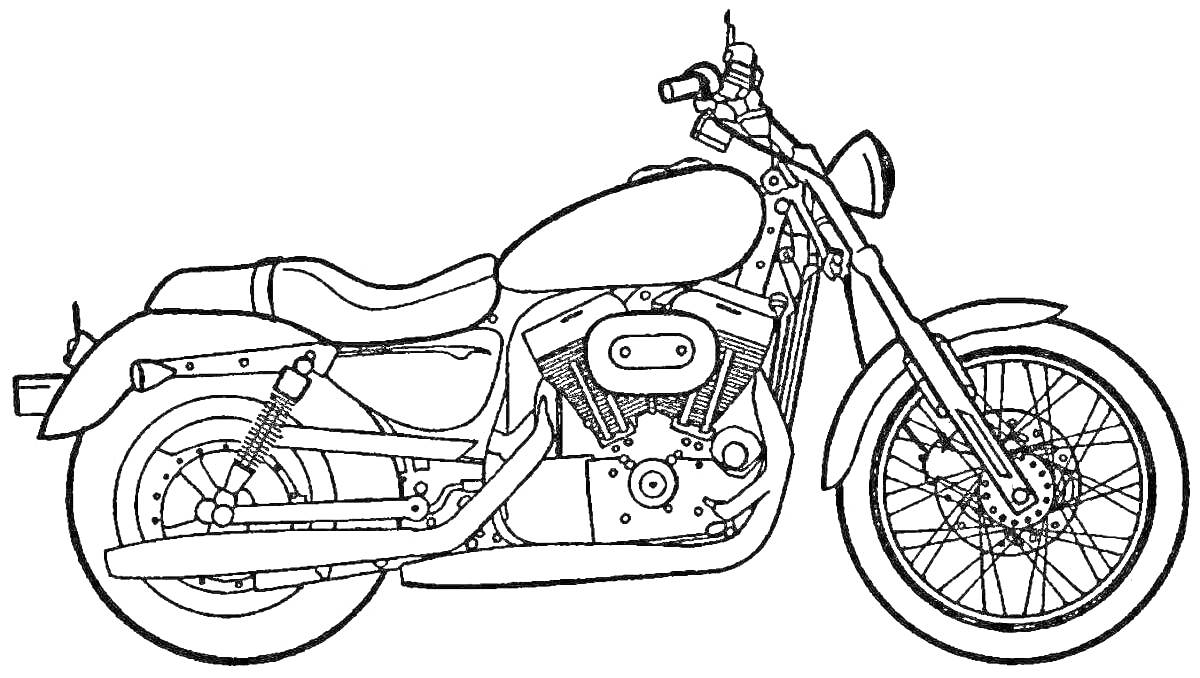 На раскраске изображено: Мотоцикл, Фары, Колёса, Рукоятки, Транспорт