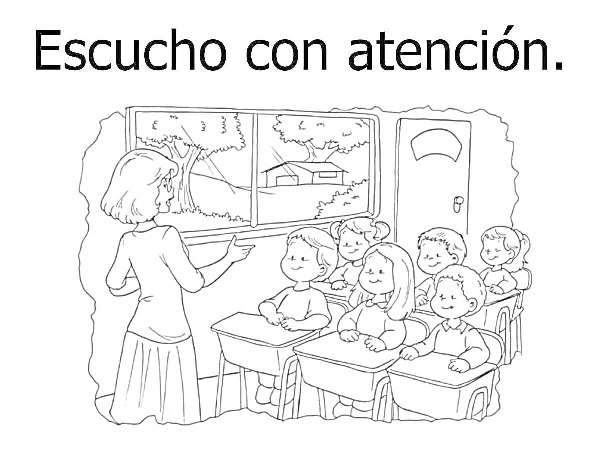 Раскраска Учитель и ученики в классе у окна слушают внимательно