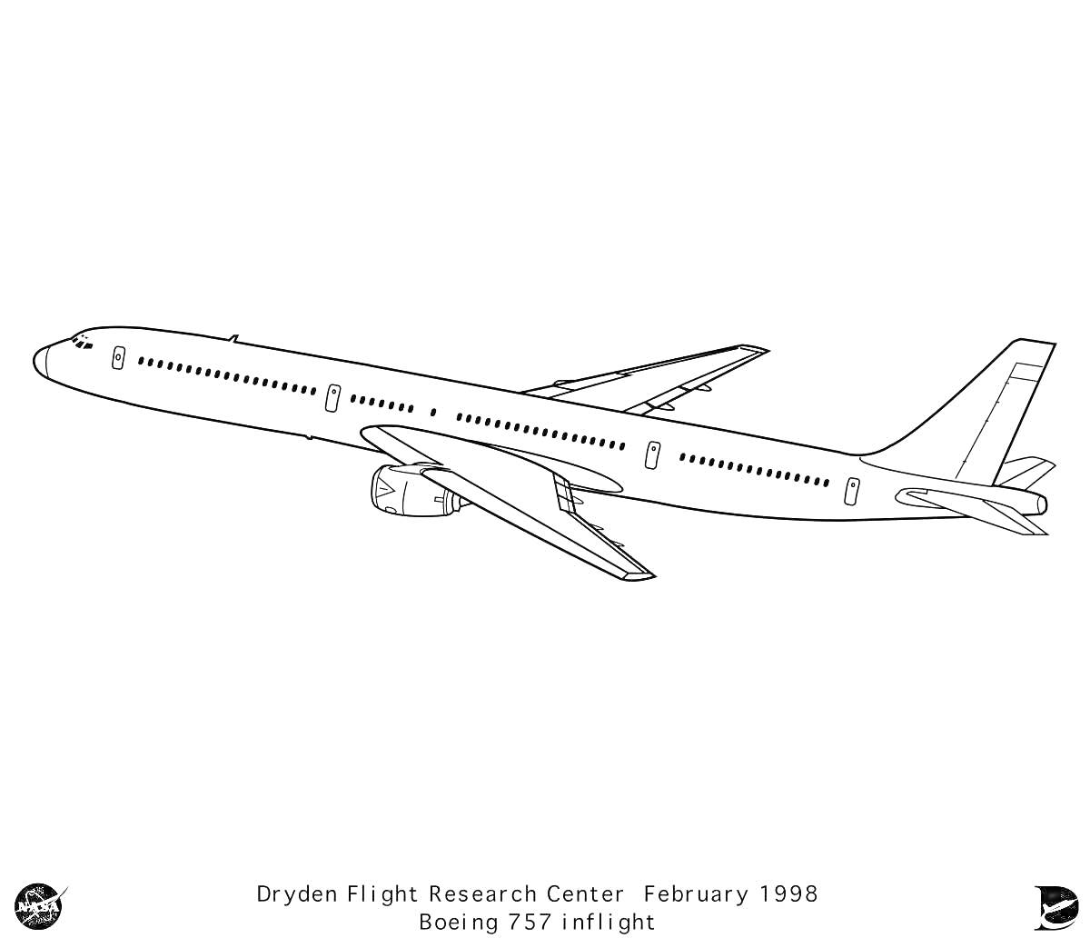 Раскраска Иллюстрация самолета Boeing 757 в полете с надписью 