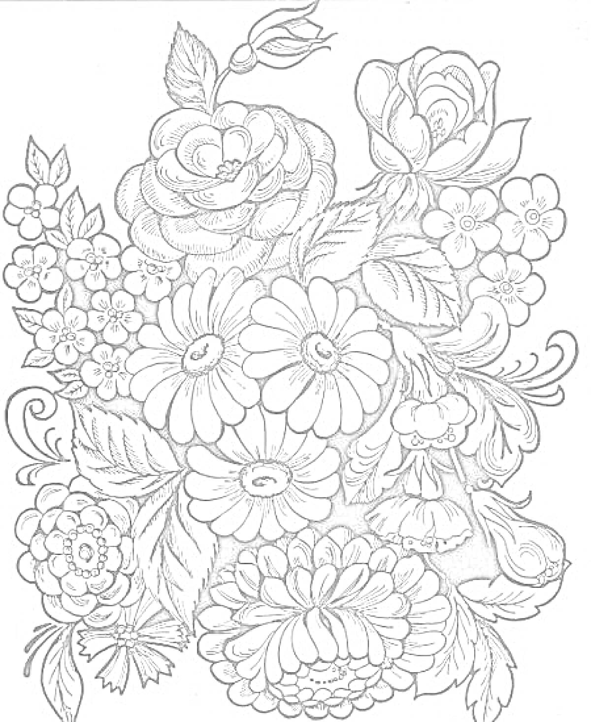 Раскраска Жостовская роспись с розами, ромашками, пионами и разнообразной листвой