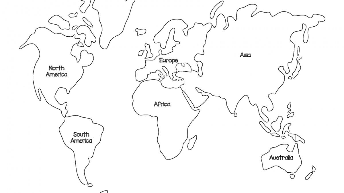 На раскраске изображено: Мир, Карта, Континенты, Северная Америка, Южная Америка, Африка, Европа, Азия, Австралия
