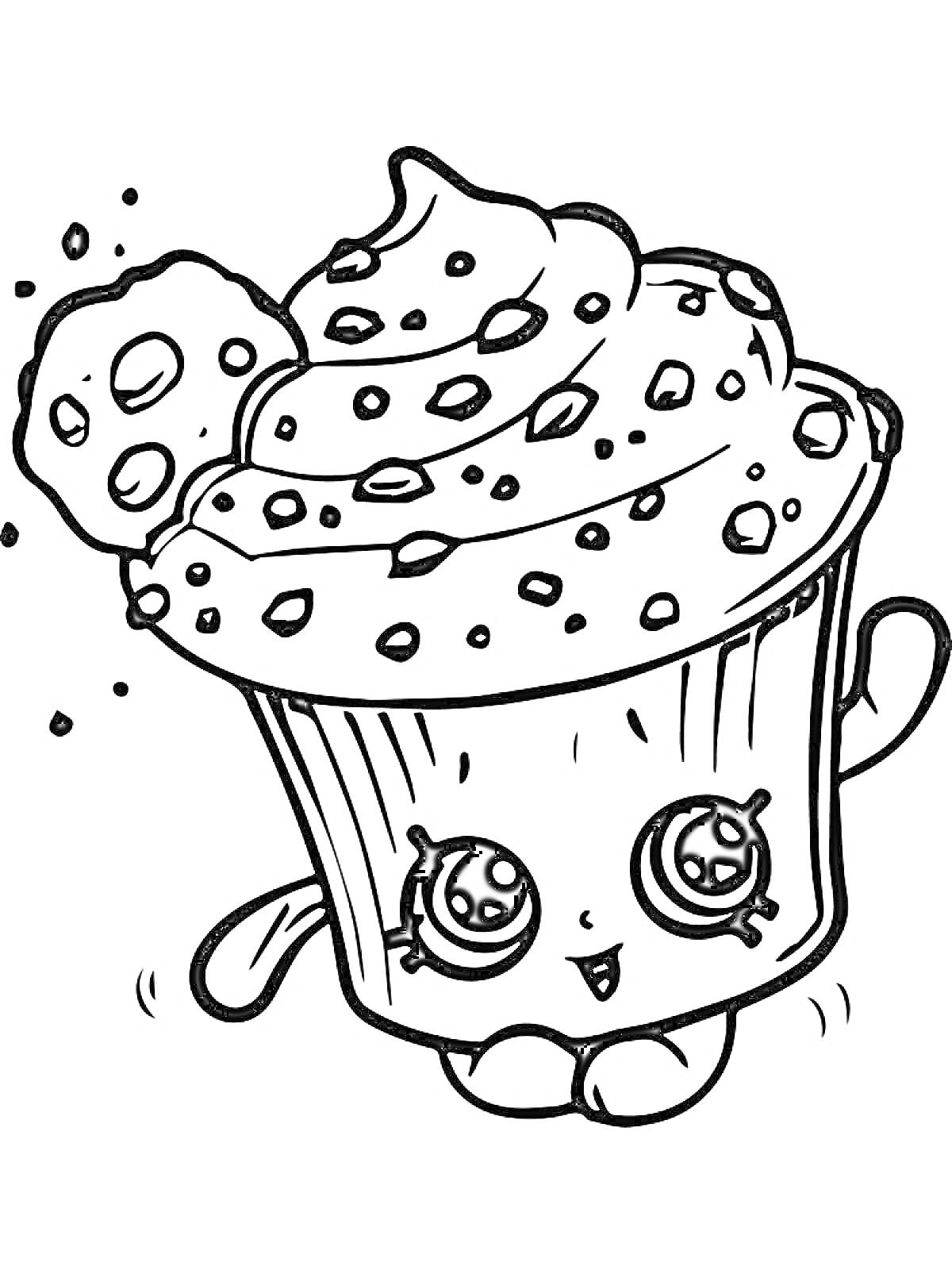 Раскраска Кекс с глазурью, посыпкой и печеньем, с глазами и улыбкой