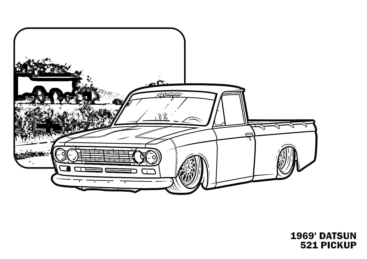 Раскраска Datsun 521 Pickup 1969 года с заниженной подвеской, дисковыми колесами и декором на заднем плане