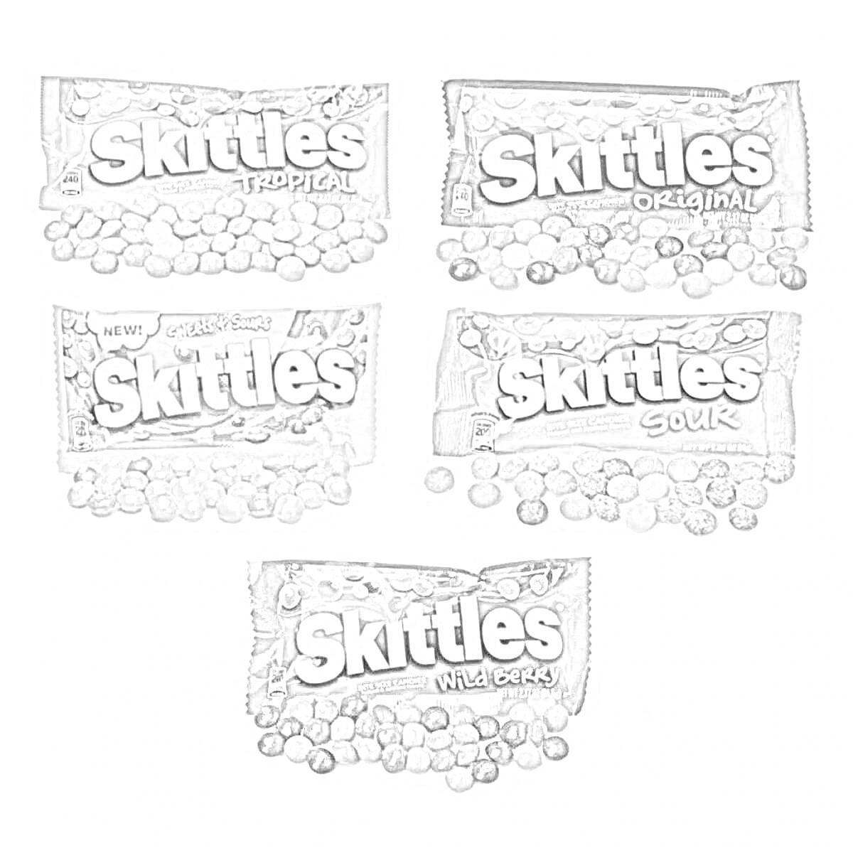 Разнообразие вкусов Skittles: Tropical, Original, Smoothies, Sour и Wild Berry, изображение упаковок с конфетами