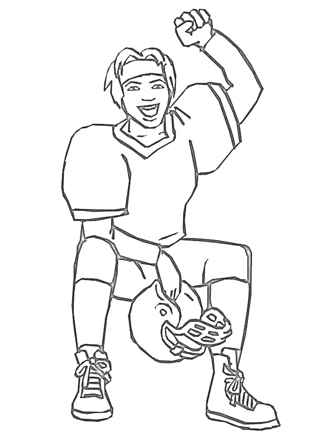 Раскраска Футболист в экипировке, сидящий с футбольным шлемом и поднятой рукой