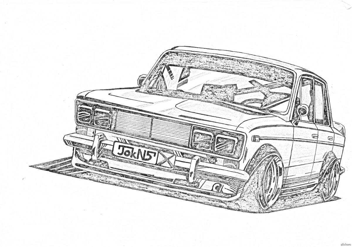 Раскраска Рисунок классического автомобиля с боевыми элементами, передний вид, затемнение боковых стекол, номерной знак 