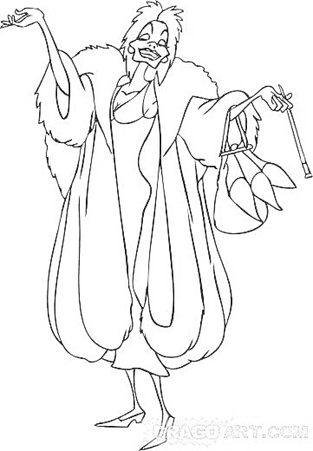 Раскраска Круэлла с сигаретой и сумкой в длинном меховом пальто