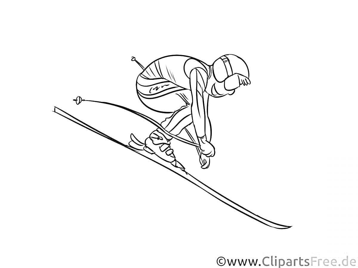 На раскраске изображено: Лыжный спорт, Лыжник, Горные лыжи, Снежный склон, Спортивная экипировка, Палки, Спортивная форма, Скорость, Зима