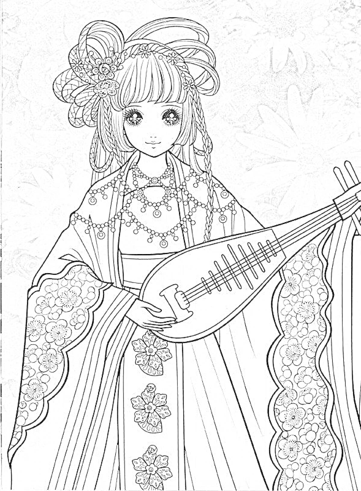 Раскраска Девушка в традиционной корейской одежде с музыкальным инструментом