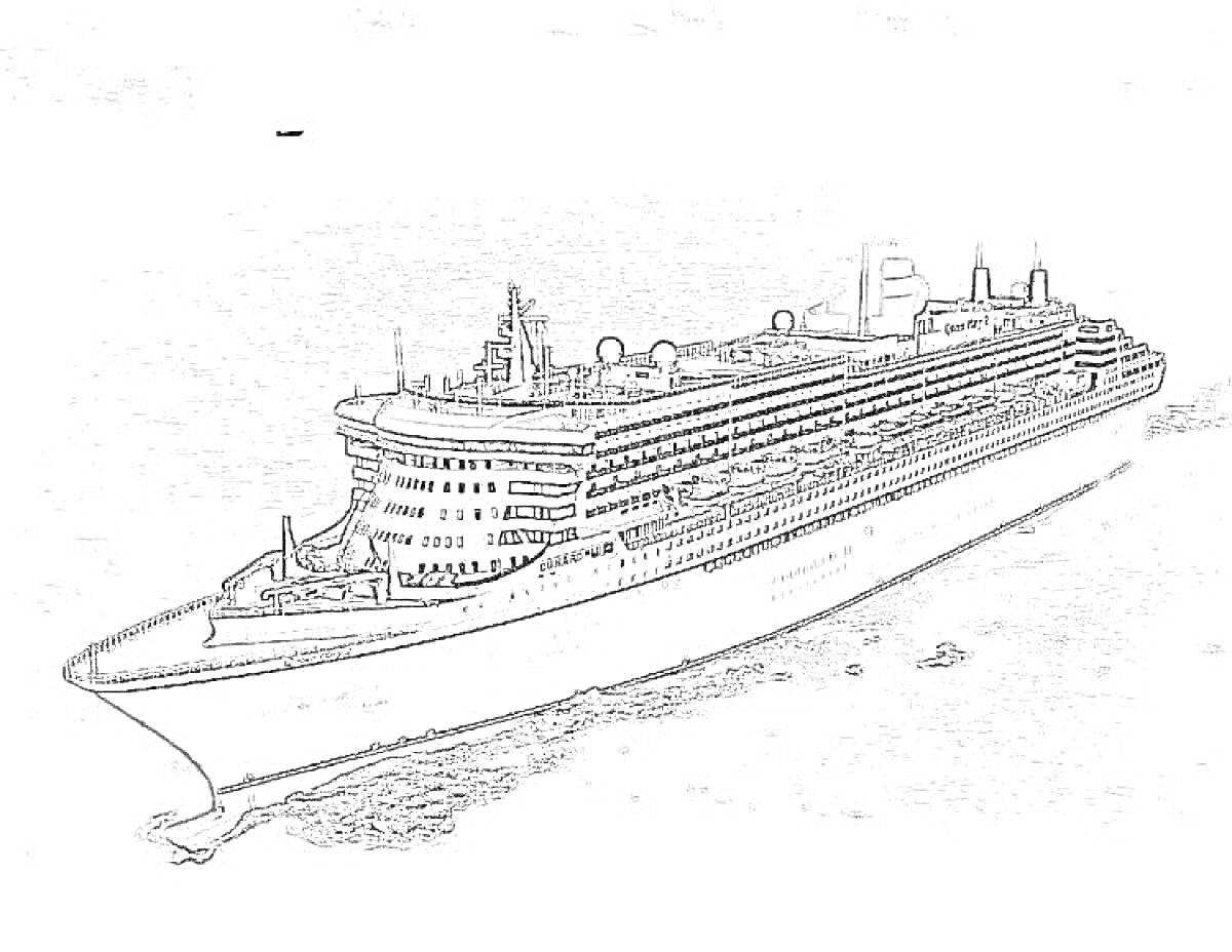 На раскраске изображено: Лайнер, Пассажирский корабль, Море, Судно, Круиз, Палубы, Иллюминаторы, Антенны