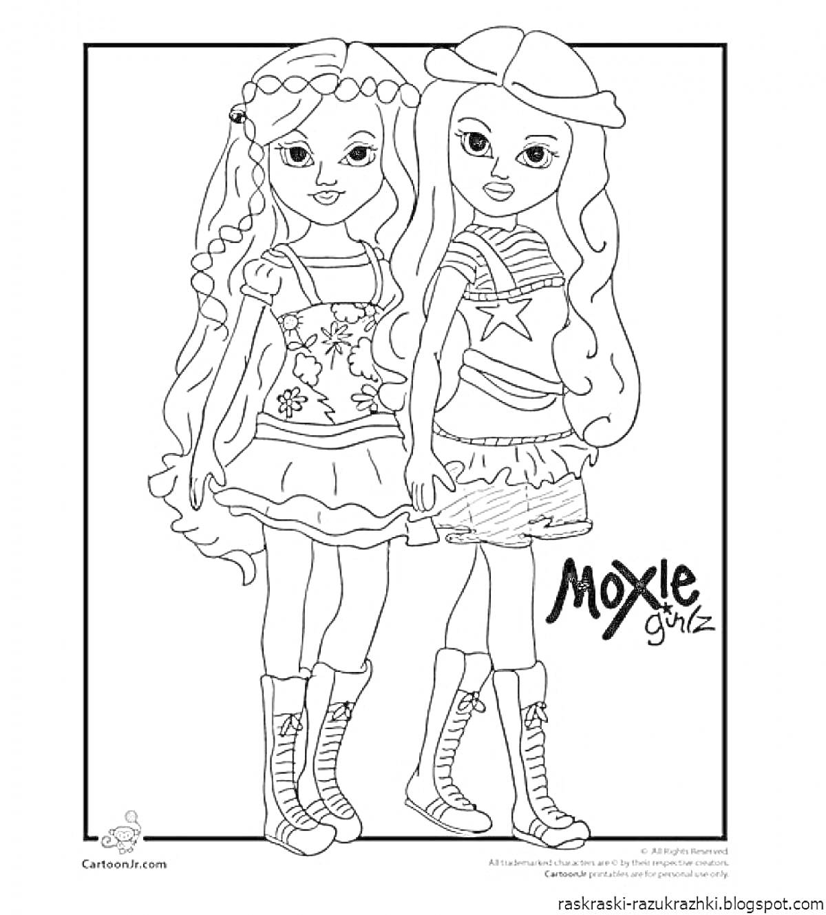 Раскраска Две девушки в платьях и сапогах с надписью 