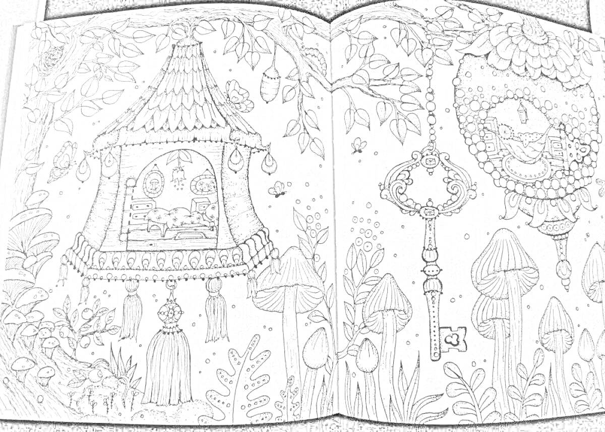 Раскраска Домик с окошком среди ветвей, большие ключи на вазе, грибы и трава