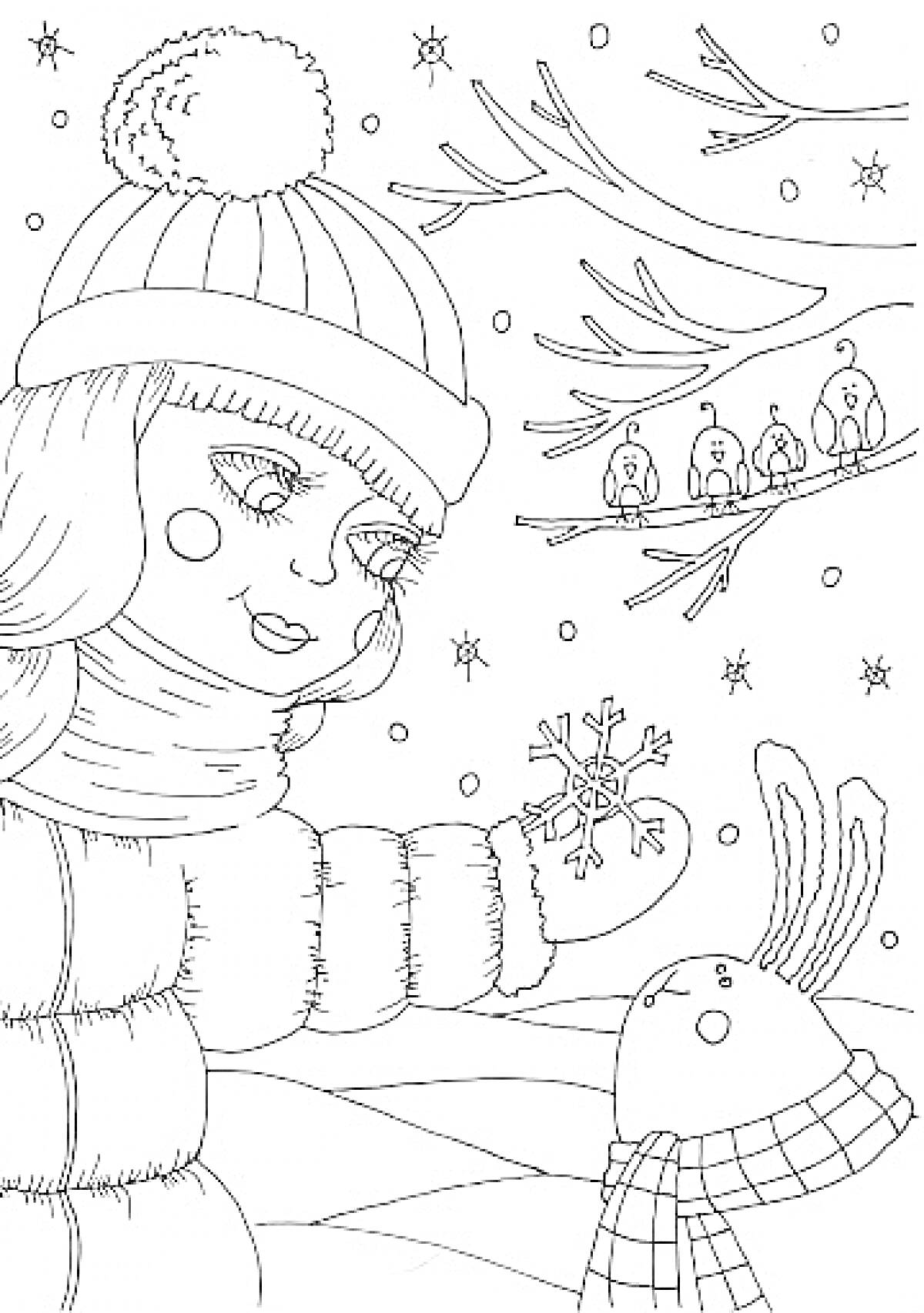 Раскраска Девочка в шапке и куртке с кроликом на снегу, шестью птицами-венценосами на ветке и снежинками