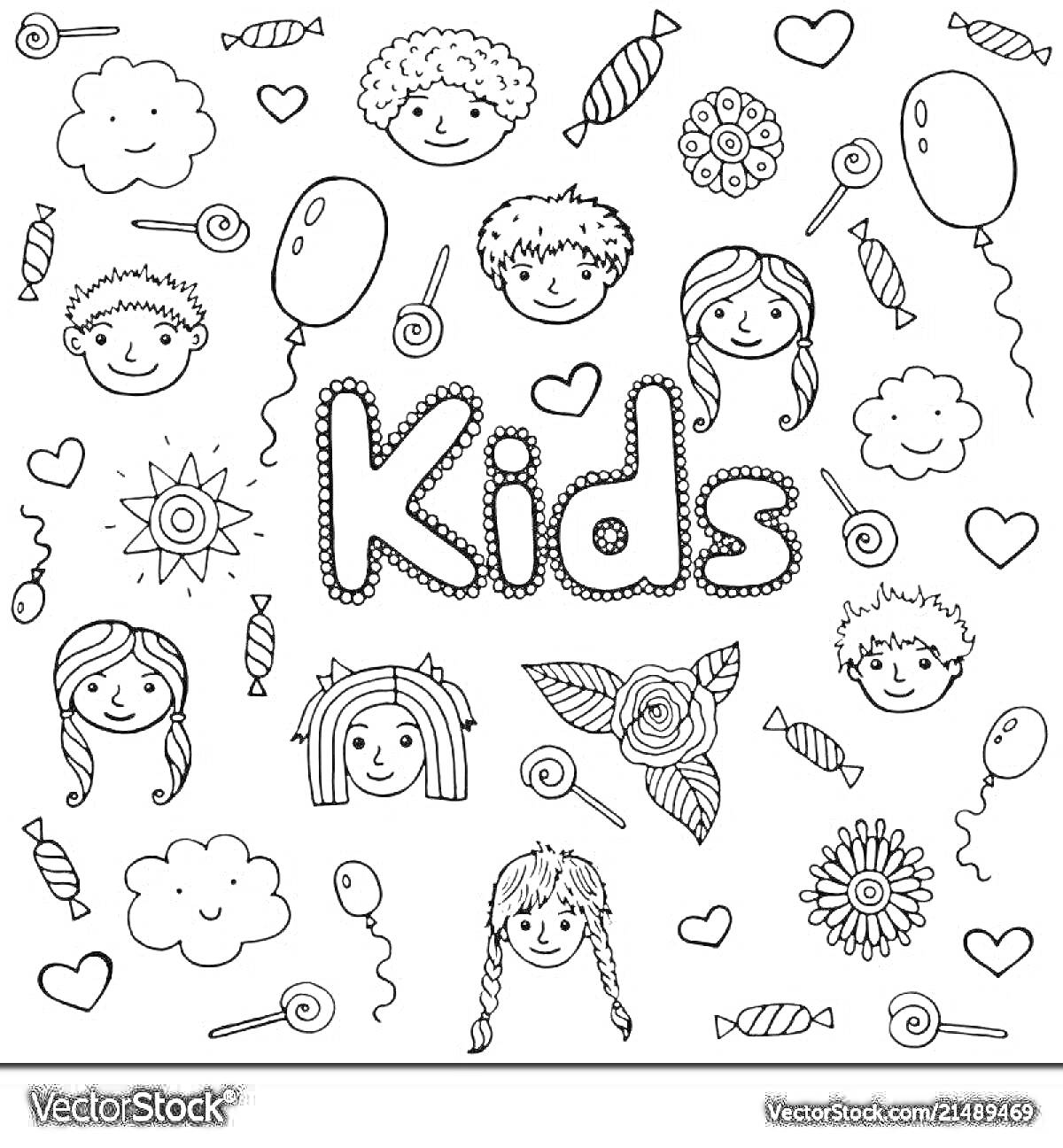 Раскраска Дети, лица детей, конфеты, воздушные шары, цветы, сладости, сердечки